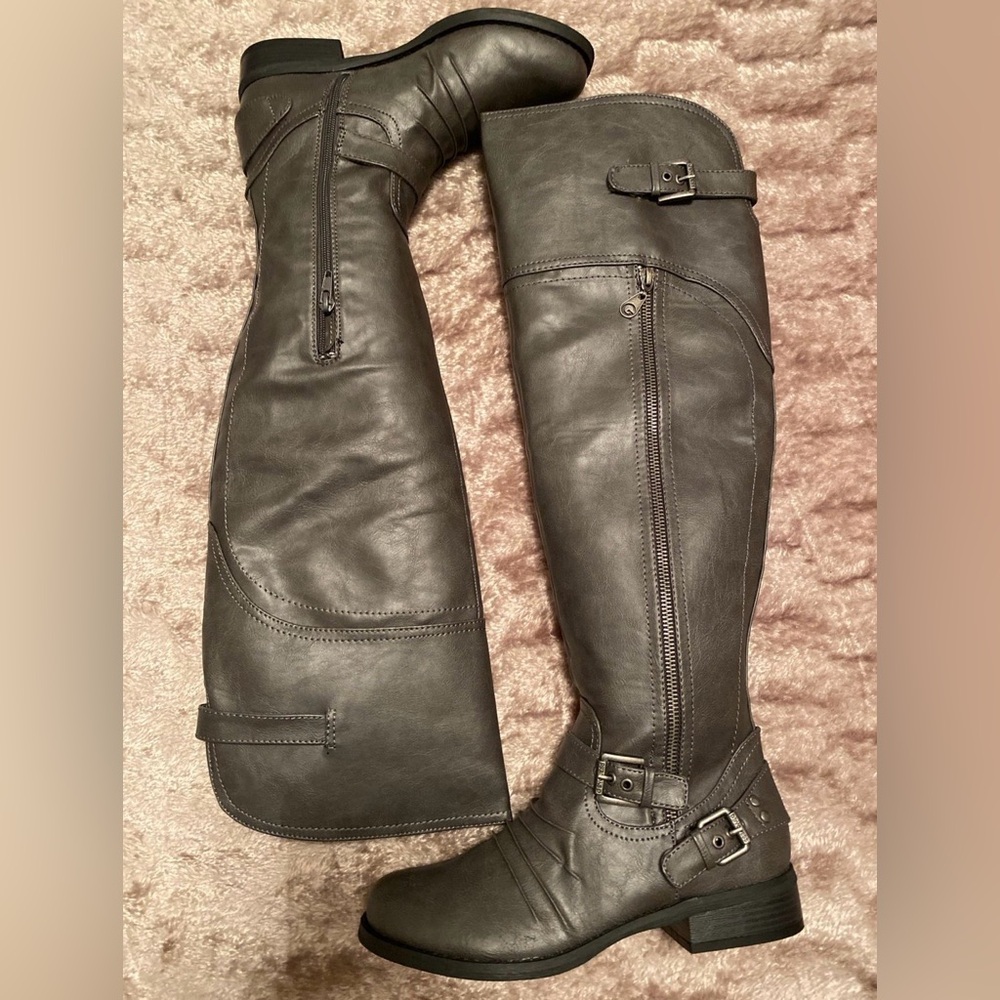 G by Guess Over-the-Knee Buckle Riding Boots in Gray